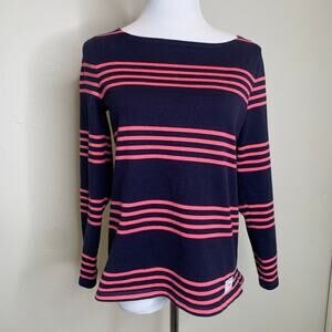 Talbots Navy Blue Pink Striped Boat Neck Knit Top Sz Small Petite